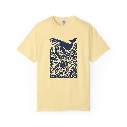 Ocean Life Garment-Dyed T-Shirt, Whale and Turtle Design, Casual Wear for Beach Lovers, Eco-Friendly Gift, Marine Life Appreciation