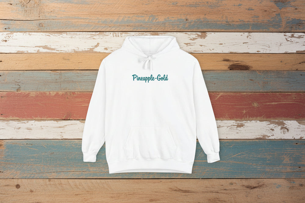 White hoodie with 'Pineapple Gold' text on a white background