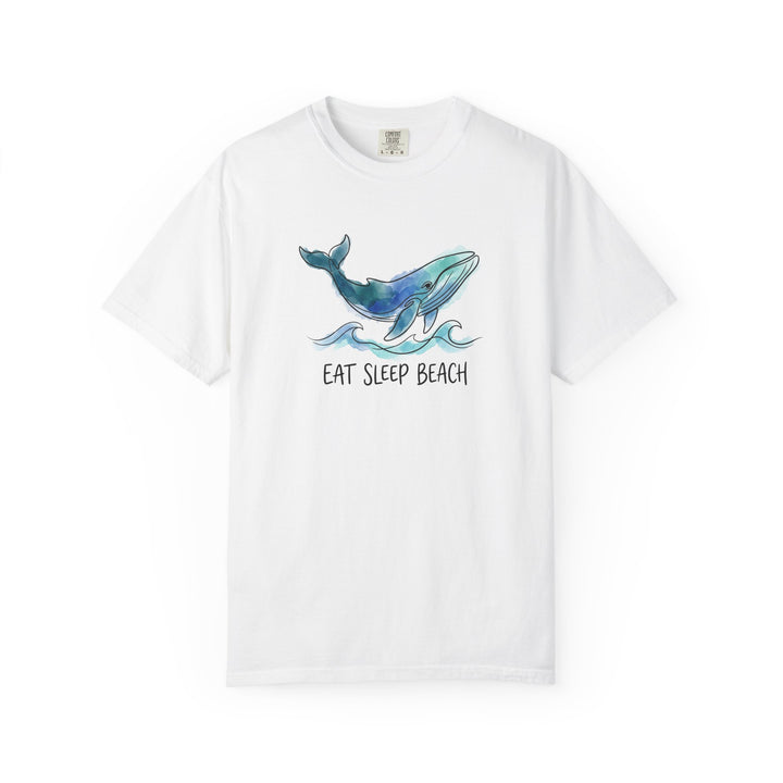 White t-shirt with a whale graphic and &