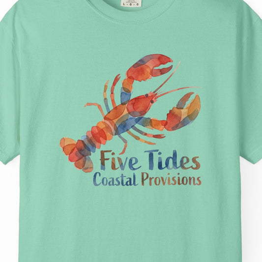 Mint green t-shirt with a colorful lobster graphic and 'Five Tides Coastal Provisions' text on a white background.