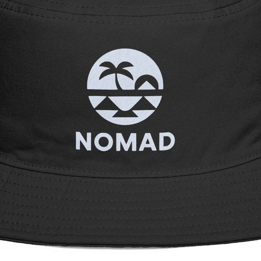 Black bucket hat with 'Nomad' logo on a white background
