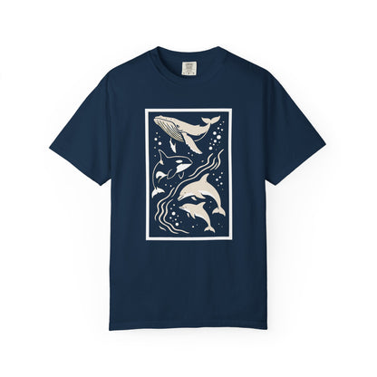 Ocean Life Garment-Dyed T-Shirt | Whale & Dolphin Design | Casual Beachwear, Gift for Ocean Lovers, Summer Outfit, Marine Life Tee