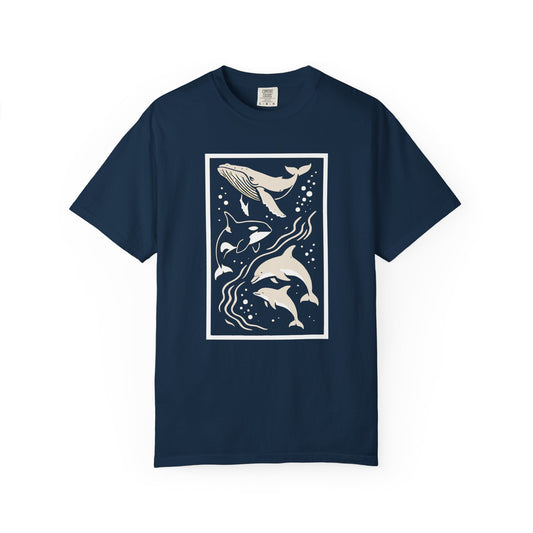 Ocean Life Garment-Dyed T-Shirt | Whale & Dolphin Design | Casual Beachwear, Gift for Ocean Lovers, Summer Outfit, Marine Life Tee