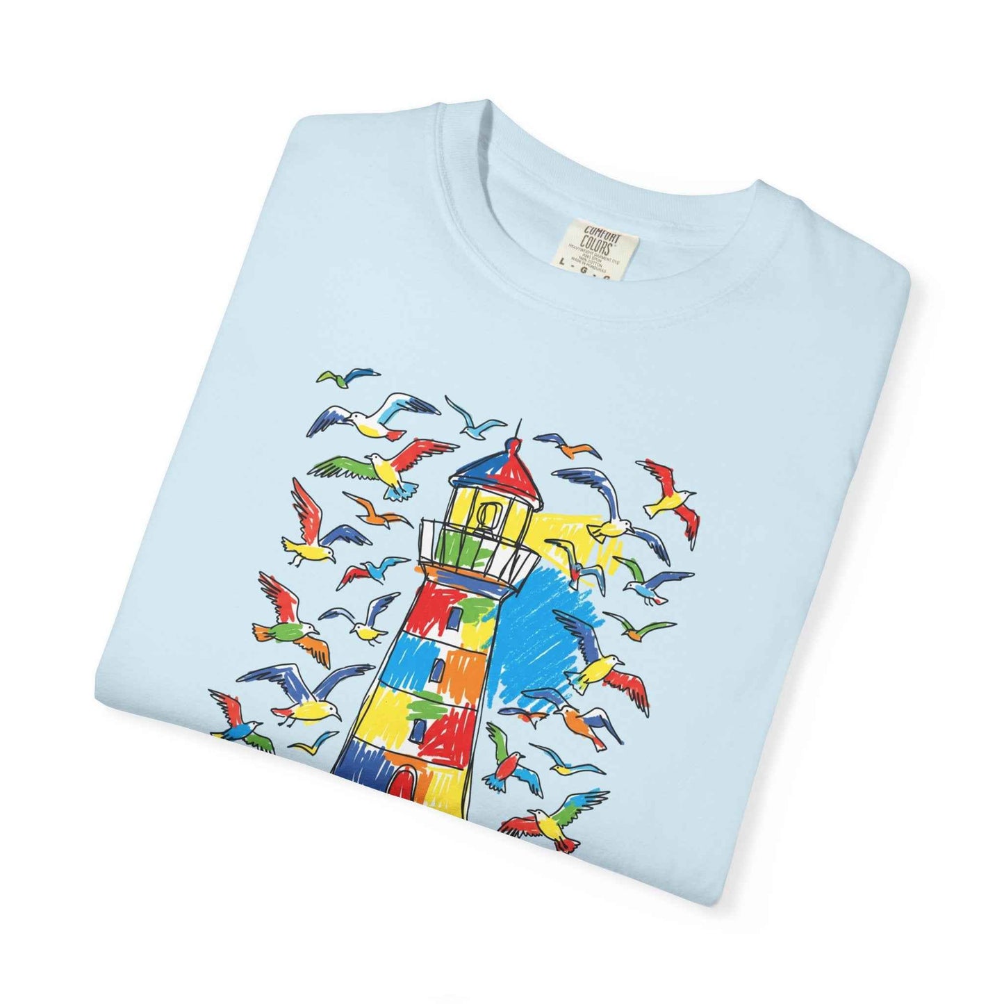 Coastal Calm Summer Lighthouse T-Shirt — Beachy Seagull Graphic Cotton Tee