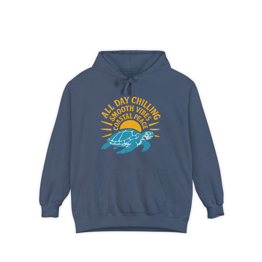 Chill Turtle Vibes Hoodie, Unisex Garment-Dyed Sweater, Beachwear, Summer Celebration Hoodie, Gift for Friends, Relaxation Apparel