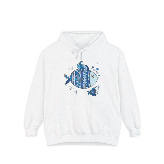 Two Fish Graphic Garment-Dyed Hoodie | Casual Wear, Gift Idea for Animal Lovers, Perfect for Beach Days, Summer Adventures, Relaxed Fit