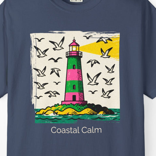 Navy blue t-shirt with a lighthouse graphic and 'Coastal Calm' text on a white background