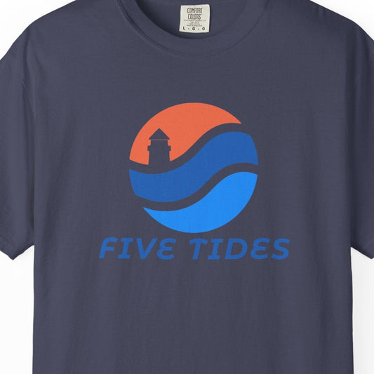 Navy blue t-shirt with 'Five Tides' logo on a white background