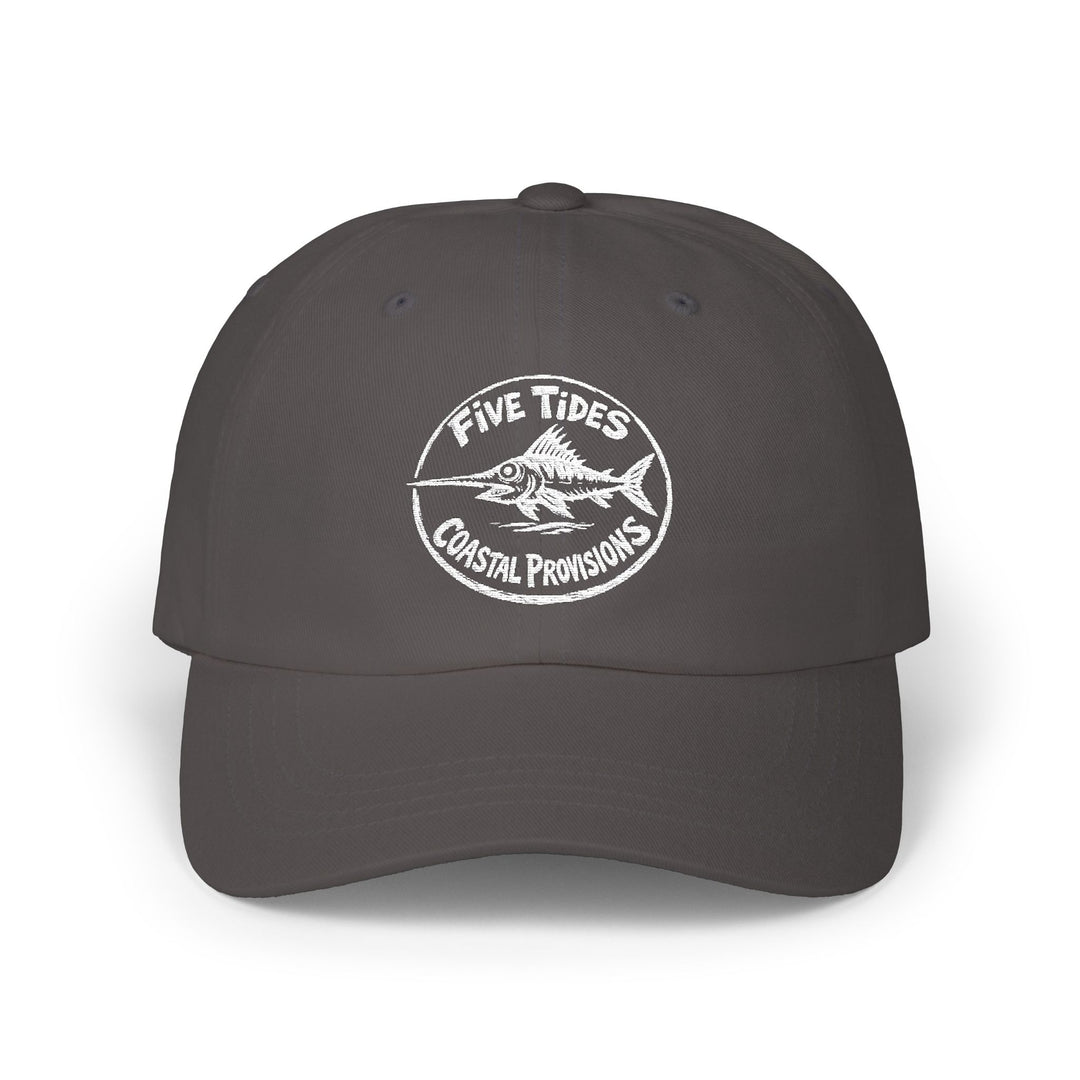 Five Tides Coastal Provisions Dad Cap | Embroidered Vintage Fish &amp; Peak Hat