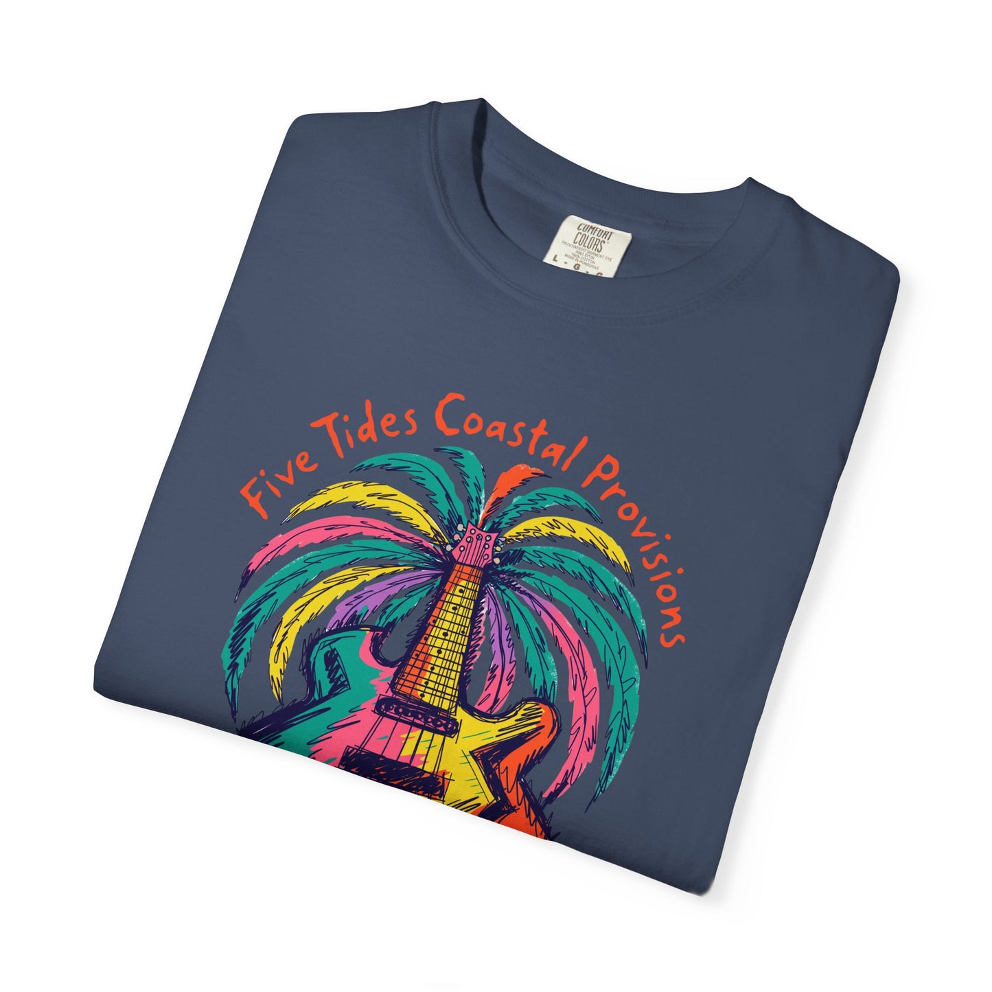 Guitar Palm Tree Graphic Art T‑Shirt - Five Tides Coastal Provisions Beach Vibe Cotton Tee