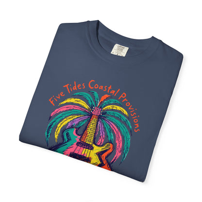Guitar Palm Tree Graphic Art T‑Shirt - Five Tides Coastal Provisions Beach Vibe Cotton Tee