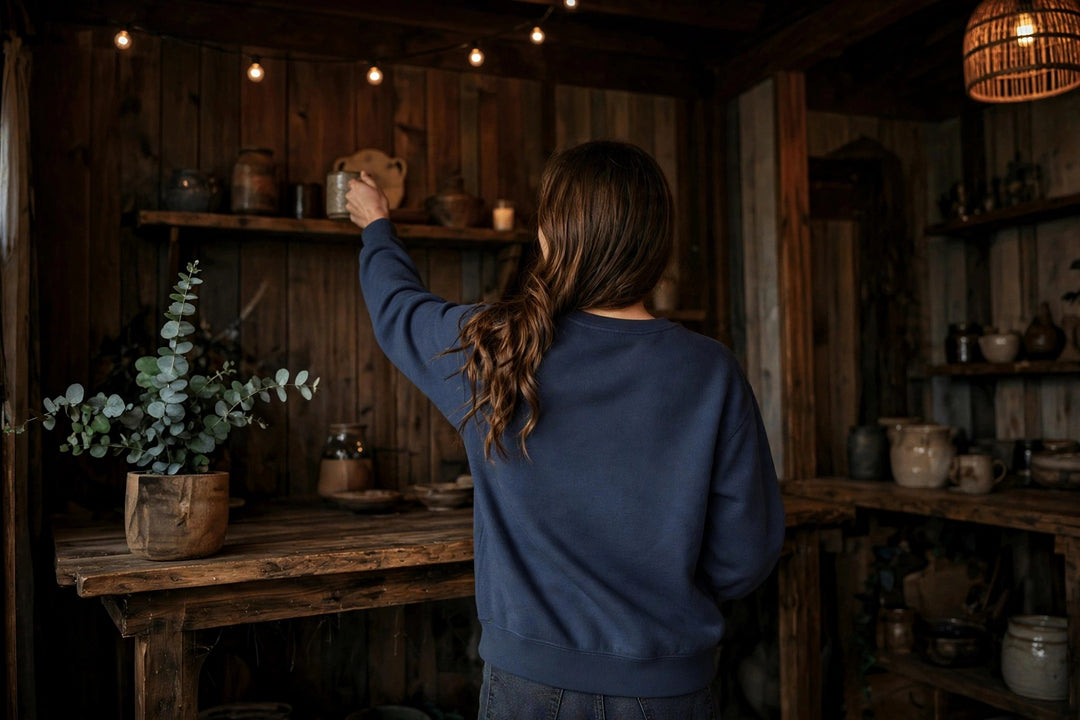Salt Rooted Drums Sweatshirt — in the Five Tides room, female back
