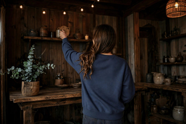 Salt Rooted Drums Sweatshirt — in the Five Tides room, female back