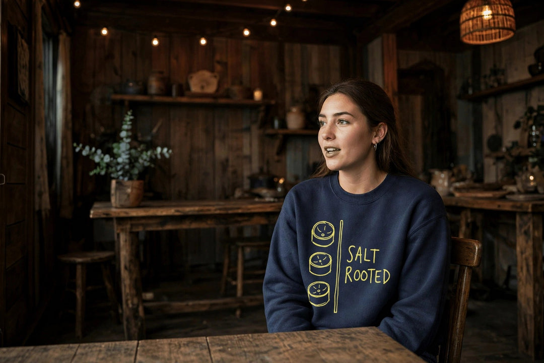 Salt Rooted Drums Sweatshirt — in the Five Tides room, female front