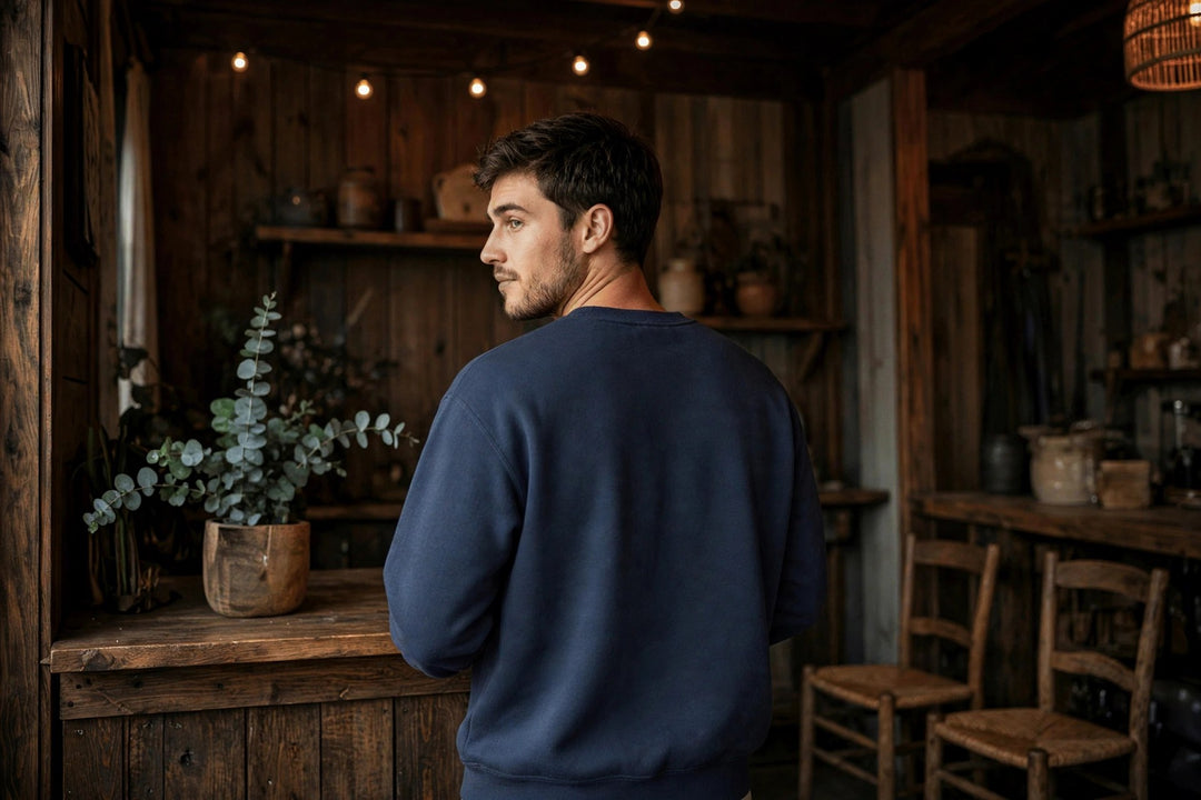 Salt Rooted Drums Sweatshirt — in the Five Tides room, male back
