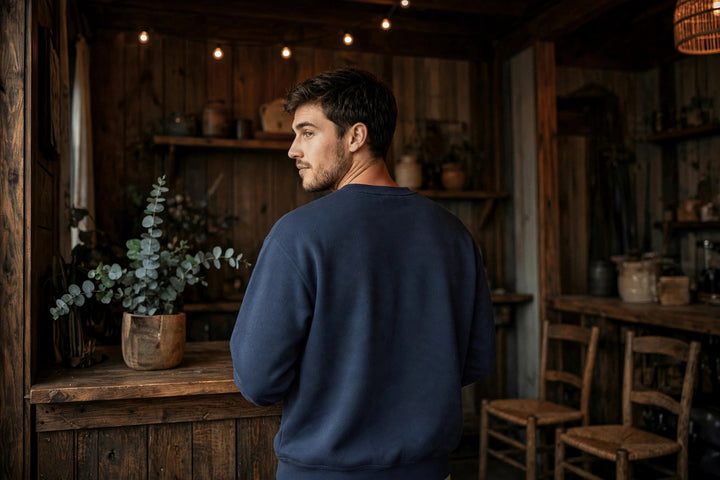 Salt Rooted Drums Sweatshirt — in the Five Tides room, male back