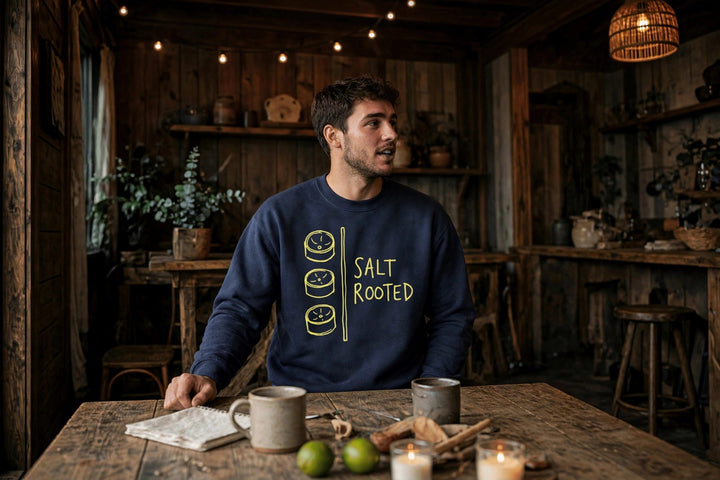 Salt Rooted Drums Sweatshirt — in the Five Tides room, male front