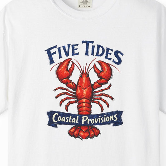 White t-shirt with a red lobster graphic and 'Five Tides Coastal Provisions' text on a white background