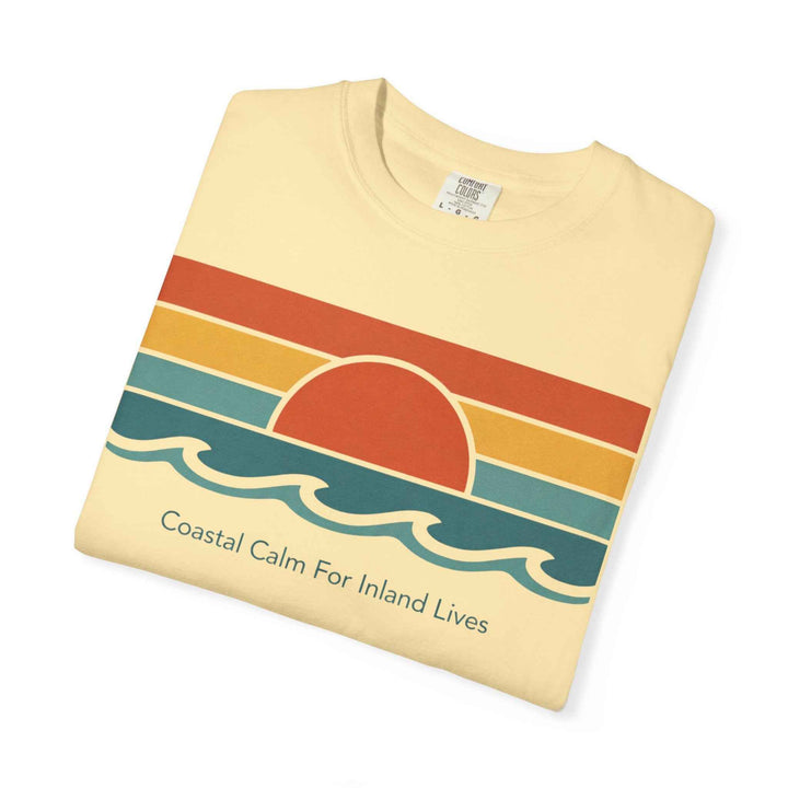 Coastal Calm Graphic T-Shirt — "Coastal Calm For Inland Lives" Sunset Waves Tee