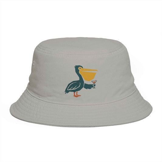 Pelican Cocktail Bucket Hat — Tropical Beach Sun Hat with Cartoon Pelican and Drink