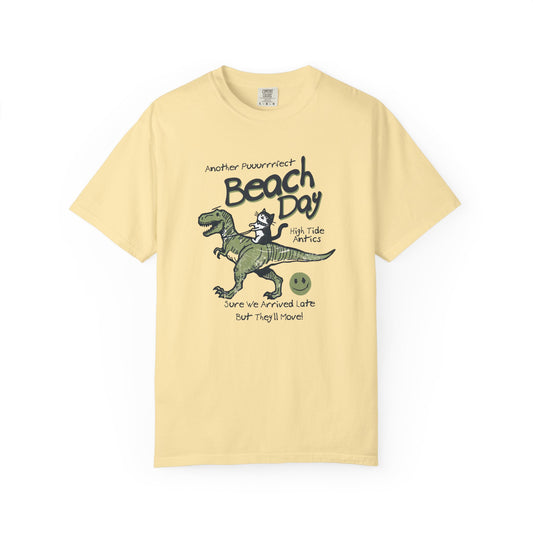 Beach Day Dino T-Shirt | Fun Unisex Tee for Summer, Gift for Kids & Adults, Beach Lovers, Vacation Style, Cute Animal Print
