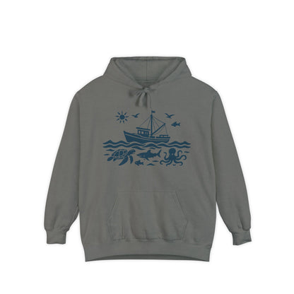 Nautical Adventure Garment-Dyed Hoodie with Ocean Design, Coastal Sweatshirt, Beach Gift, Sea Creature Pullover, Marine Life Apparel