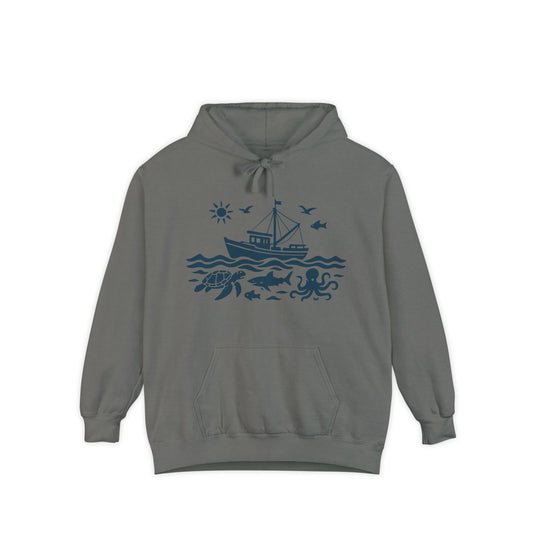 Nautical Adventure Garment-Dyed Hoodie with Ocean Design, Coastal Sweatshirt, Beach Gift, Sea Creature Pullover, Marine Life Apparel