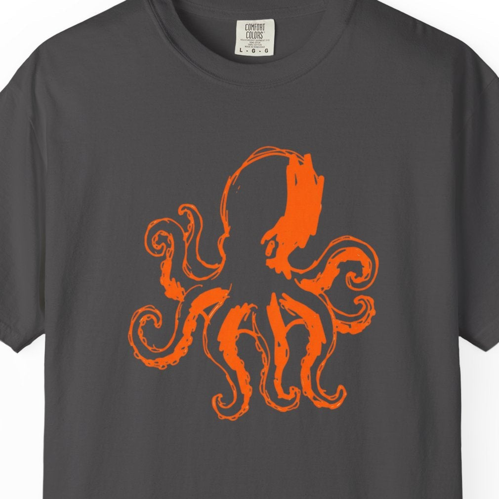 Gray t-shirt with an orange octopus design on a white background