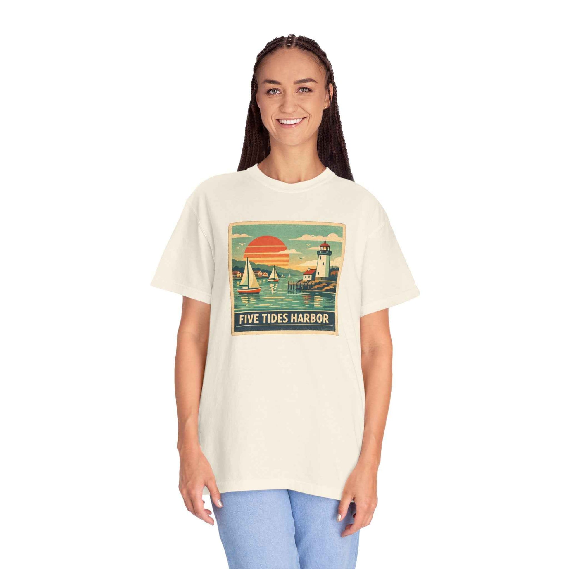 Five Tides Harbor Vintage Sailboat Graphic T-Shirt, Summer Fashion Travel Unisex Tee