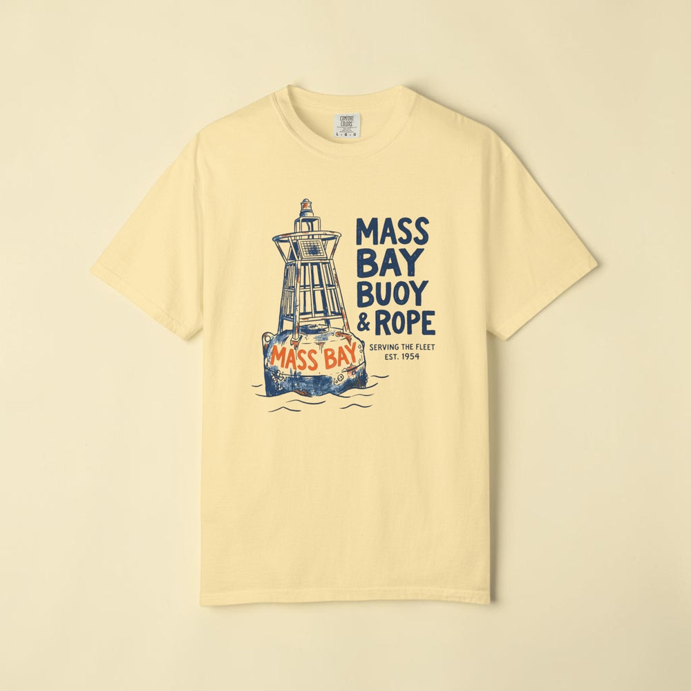 Yellow t-shirt with a graphic of a lighthouse and 'Mass Bay Buoy & Rope' text on a white background