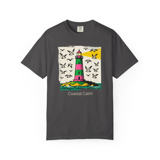Coastal Calm Lighthouse T-Shirt — Nautical Beach Style Cotton Tee with Seagulls
