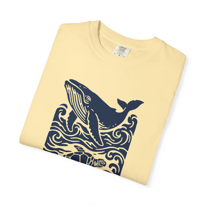 Ocean Life Garment-Dyed T-Shirt, Whale and Turtle Design, Casual Wear for Beach Lovers, Eco-Friendly Gift, Marine Life Appreciation