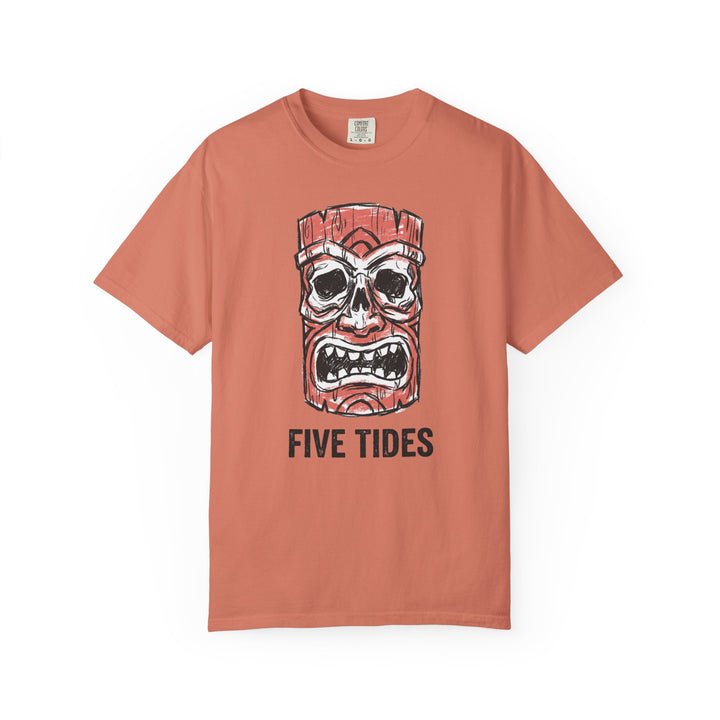 Coral t-shirt with a graphic design and &
