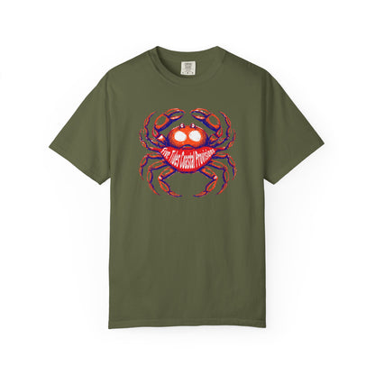 Crabby Beach Vibes Custom Art Graphic T-Shirt - Retro Crab The Coast Prevails Tee