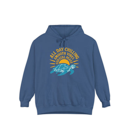 Chill Turtle Vibes Hoodie, Unisex Garment-Dyed Sweater, Beachwear, Summer Celebration Hoodie, Gift for Friends, Relaxation Apparel