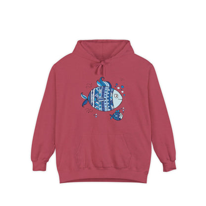 Two Fish Graphic Garment-Dyed Hoodie | Casual Wear, Gift Idea for Animal Lovers, Perfect for Beach Days, Summer Adventures, Relaxed Fit