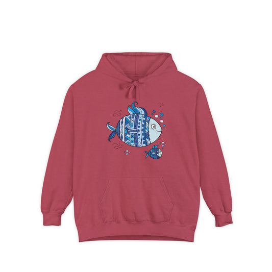 Two Fish Graphic Garment-Dyed Hoodie | Casual Wear, Gift Idea for Animal Lovers, Perfect for Beach Days, Summer Adventures, Relaxed Fit