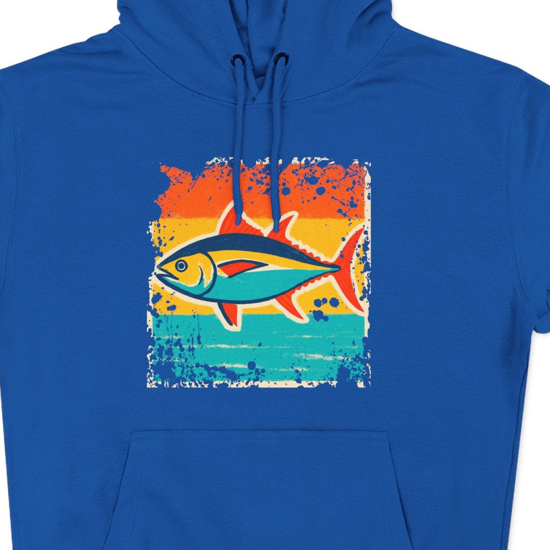 Blue hoodie with a colorful fish graphic on a white background