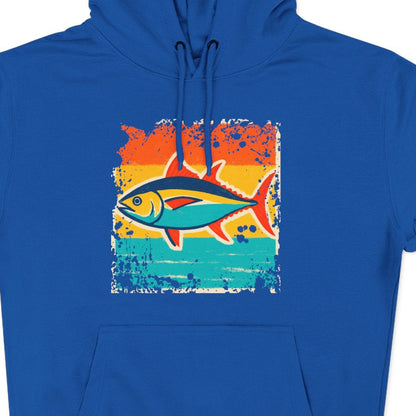 Blue hoodie with a colorful fish graphic on a white background