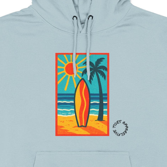Light blue hoodie with a colorful graphic of a surfboard and palm trees on a white background