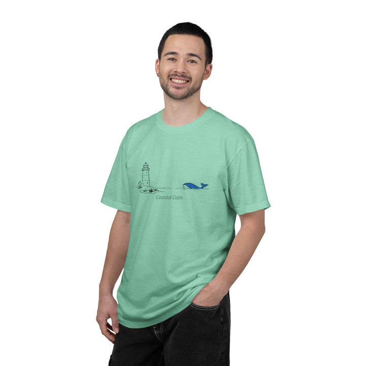 Lighthouse &amp; Whale T-Shirt — Coastal Nautical Tee ("Coastal Soul") Cotton Summer Tee