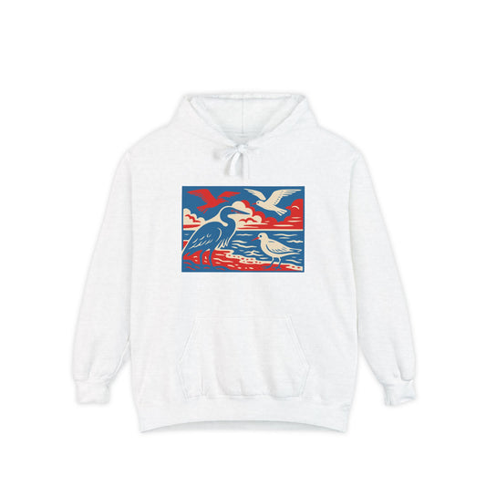 Coastal Birds Hoodie, Garment-Dyed Sweatshirt for Nature Lovers, Perfect for Beach Days, Gift for Birdwatchers, Casual Wear