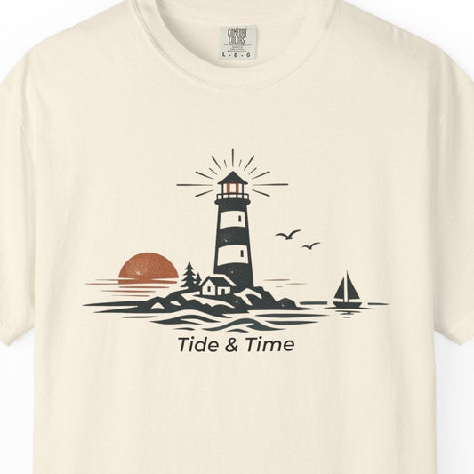 Beige t-shirt with a lighthouse graphic and 'Tide & Time' text on a white background