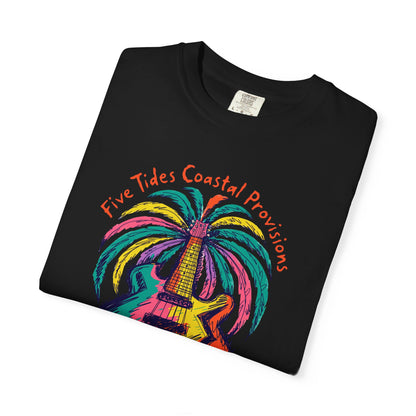 Guitar Palm Tree Graphic Art T‑Shirt - Five Tides Coastal Provisions Beach Vibe Cotton Tee