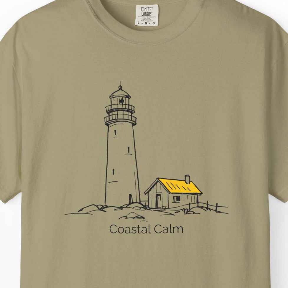 Coastal Calm Lighthouse Watch Hut Graphic  T-Shirt, Summer Beach Cotton Tee