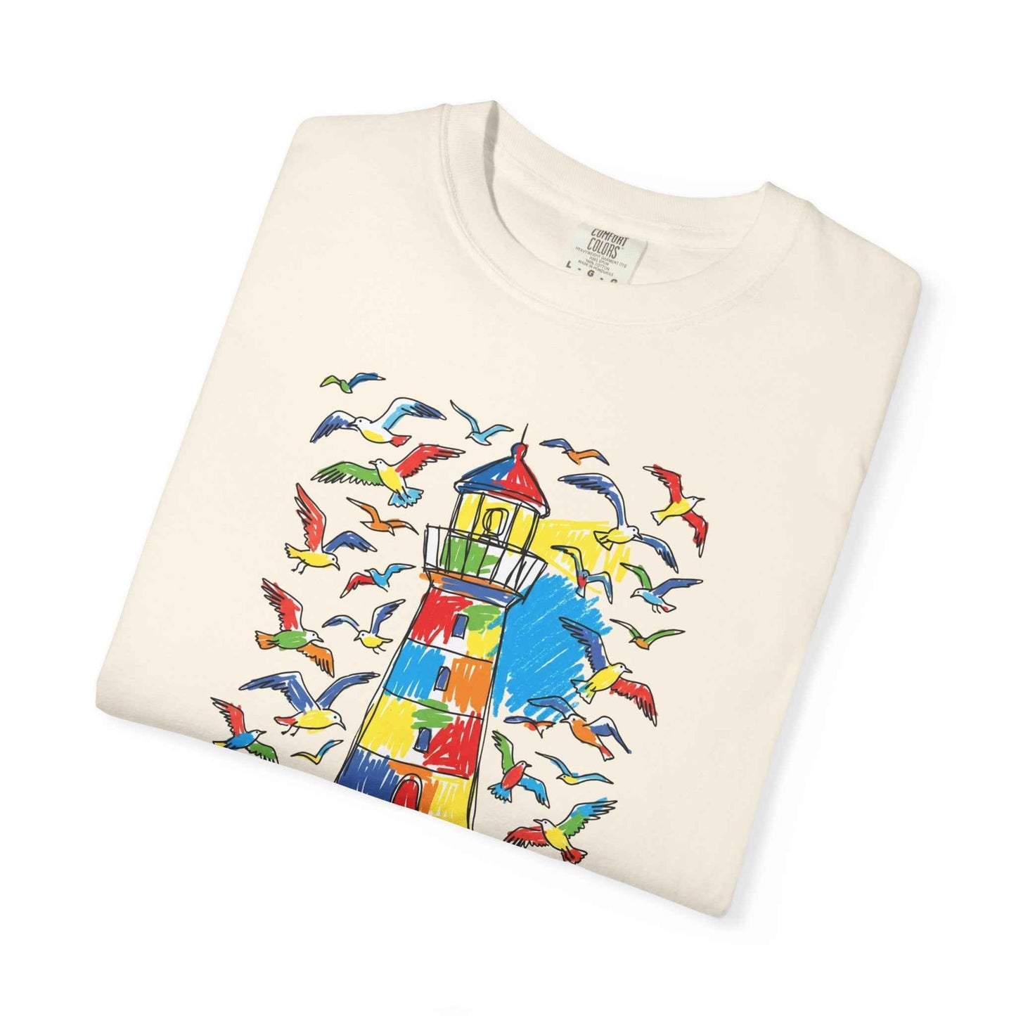 Coastal Calm Summer Lighthouse T-Shirt — Beachy Seagull Graphic Cotton Tee