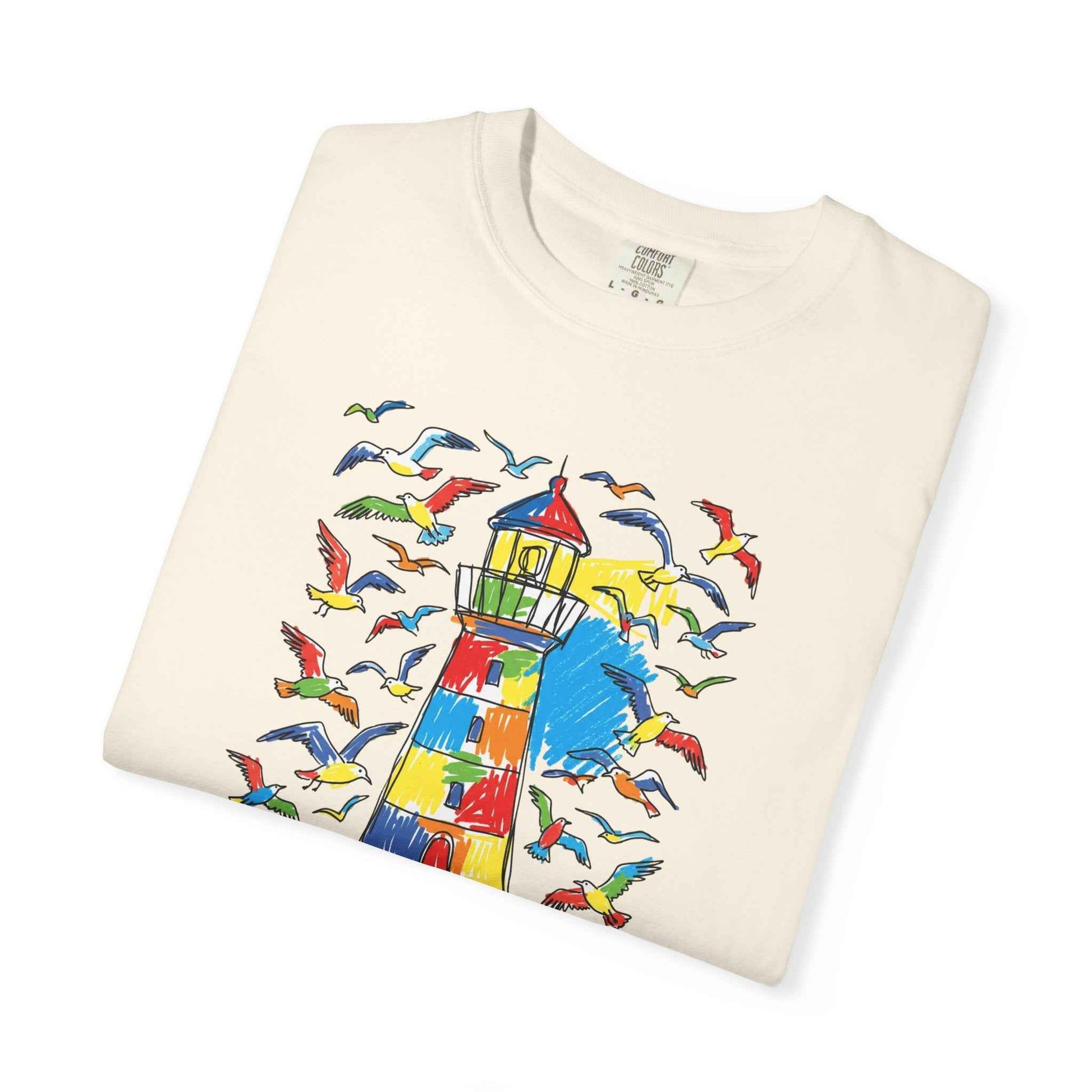 Coastal Calm Summer Lighthouse T-Shirt — Beachy Seagull Graphic Cotton Tee