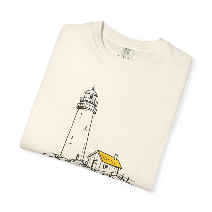 Coastal Calm Lighthouse Watch Hut Graphic  T-Shirt, Summer Beach Cotton Tee