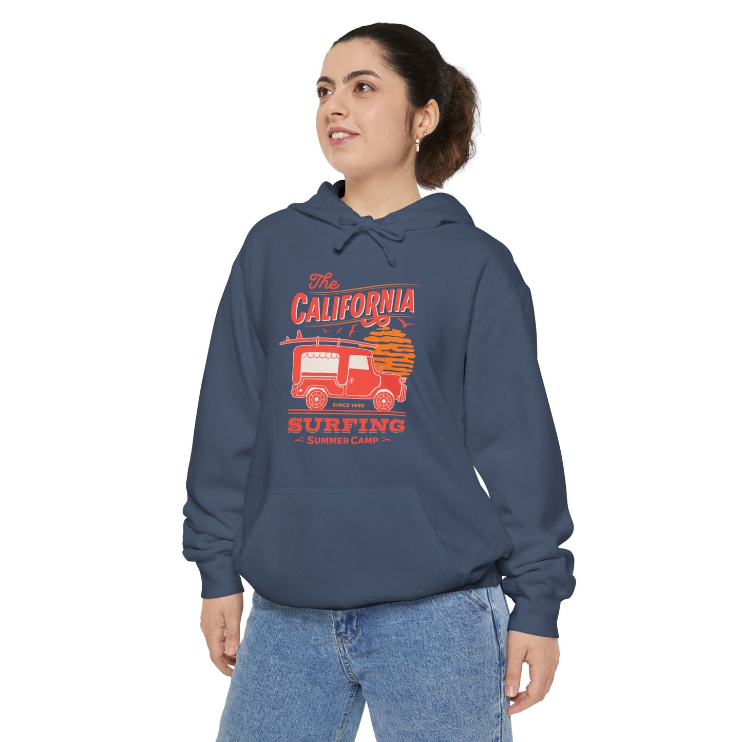 California Surfing Camp Unisex Hoodie, Cozy Beachwear, Summer Vibes, Perfect Gift for Surfers, Relaxed Casual Style, Hoodie for Outdoor