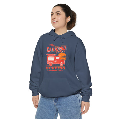 California Surfing Camp Unisex Hoodie, Cozy Beachwear, Summer Vibes, Perfect Gift for Surfers, Relaxed Casual Style, Hoodie for Outdoor